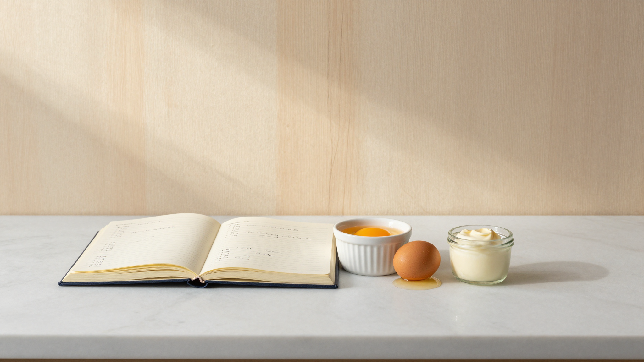 Open balance notebook with handwritten ingredient percentages next to fresh egg yolks and a small ramekin of cream on a marble counter