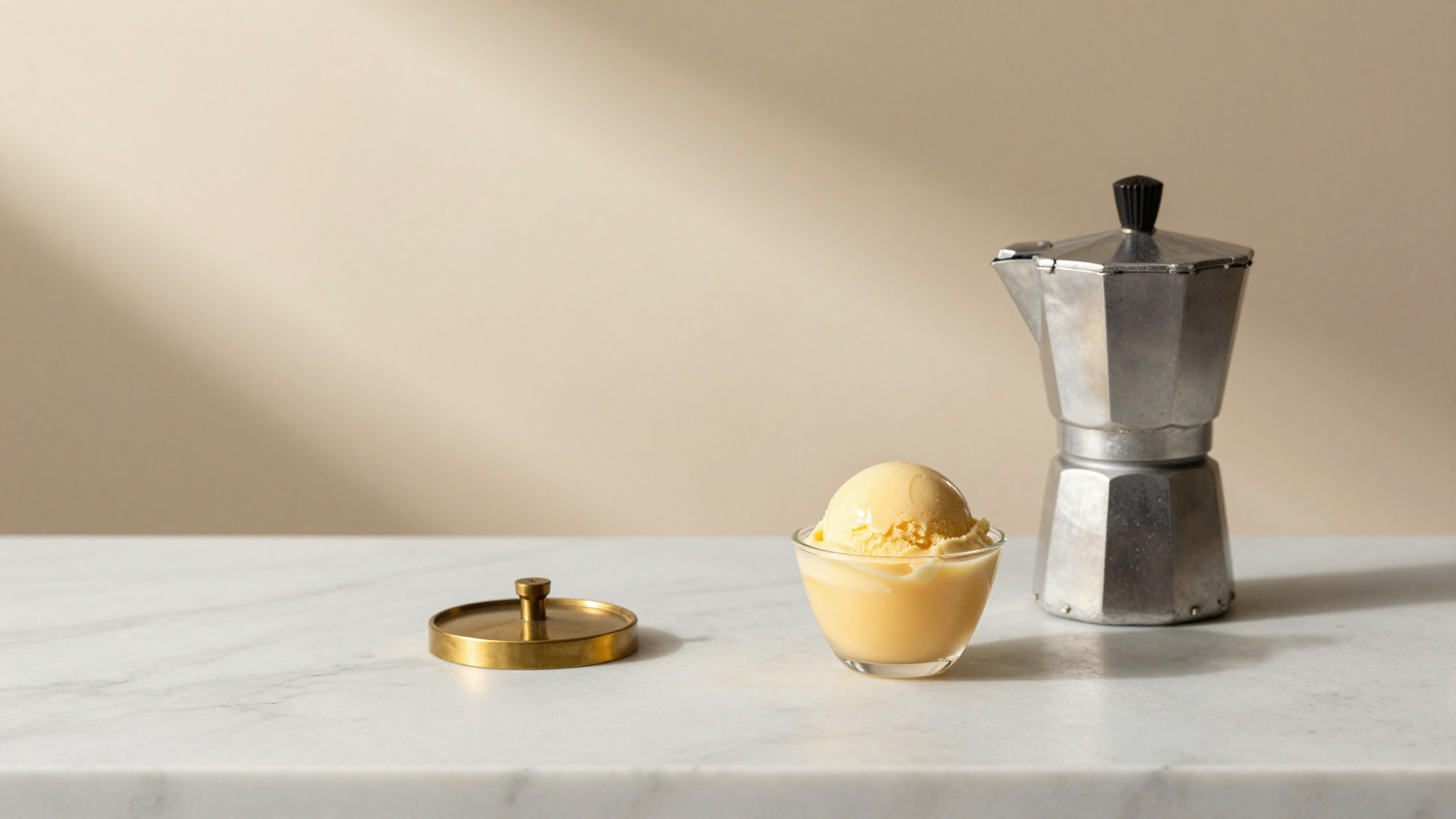 Open balance notebook on marble with yolk and percentage figures, espresso cup beside, soft morning light