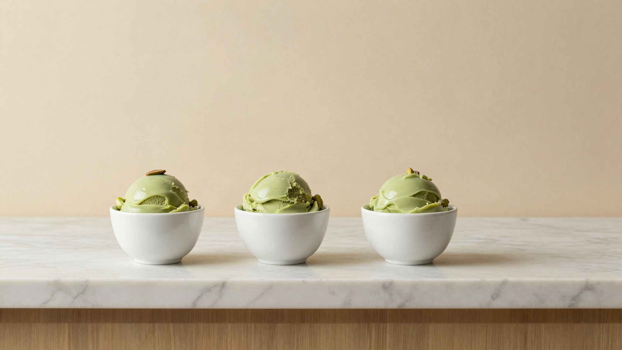 Three small white ceramic cups of pistachio gelato in a row on marble, each a subtly different shade of green