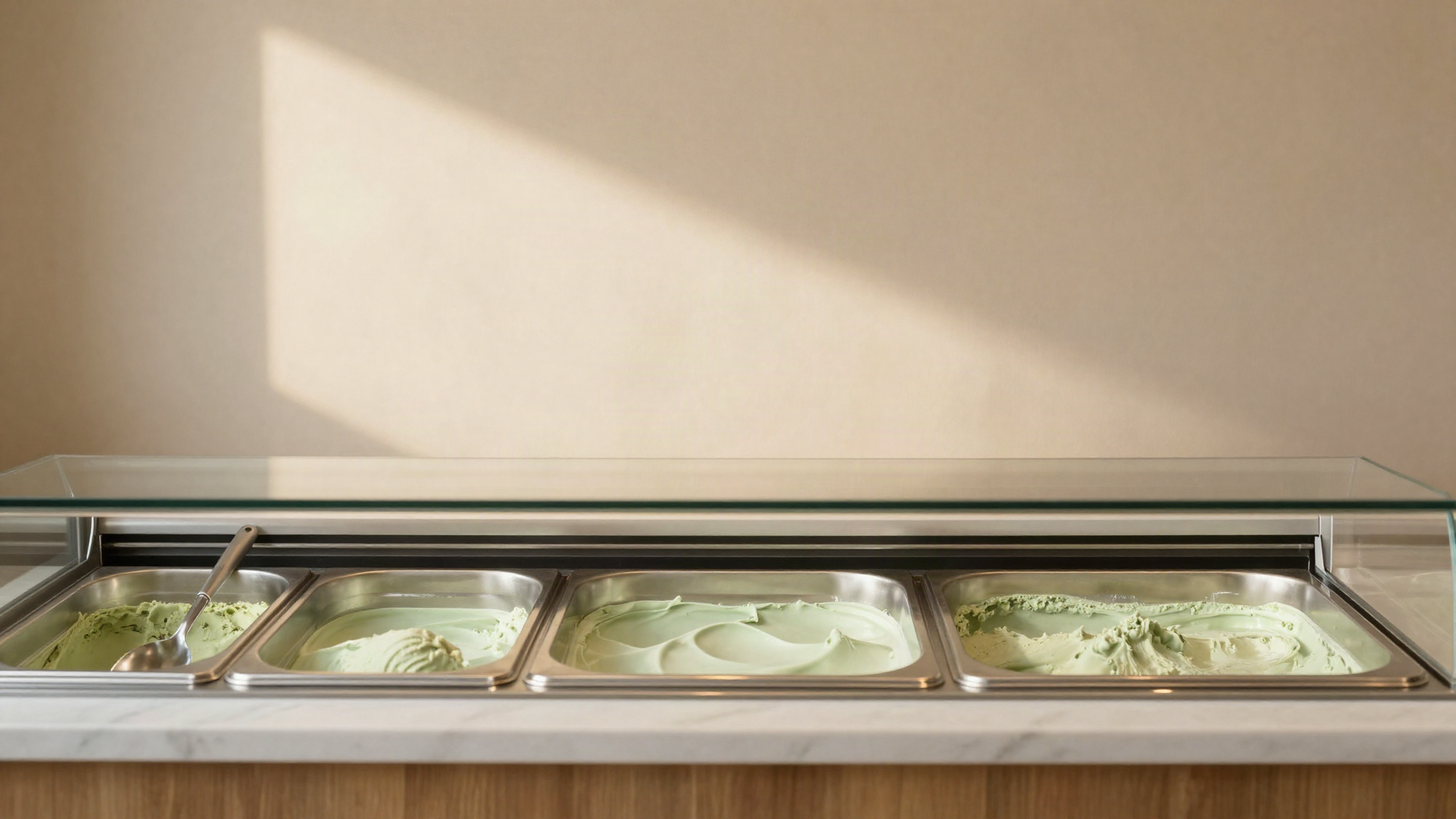 A stainless steel gelato pan with an evenly coloured pale green surface inside a display cabinet under soft lighting