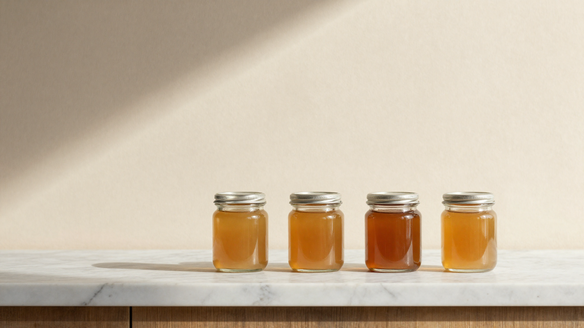 A row of four small glass jars of glucose syrup in slightly different amber shades on marble