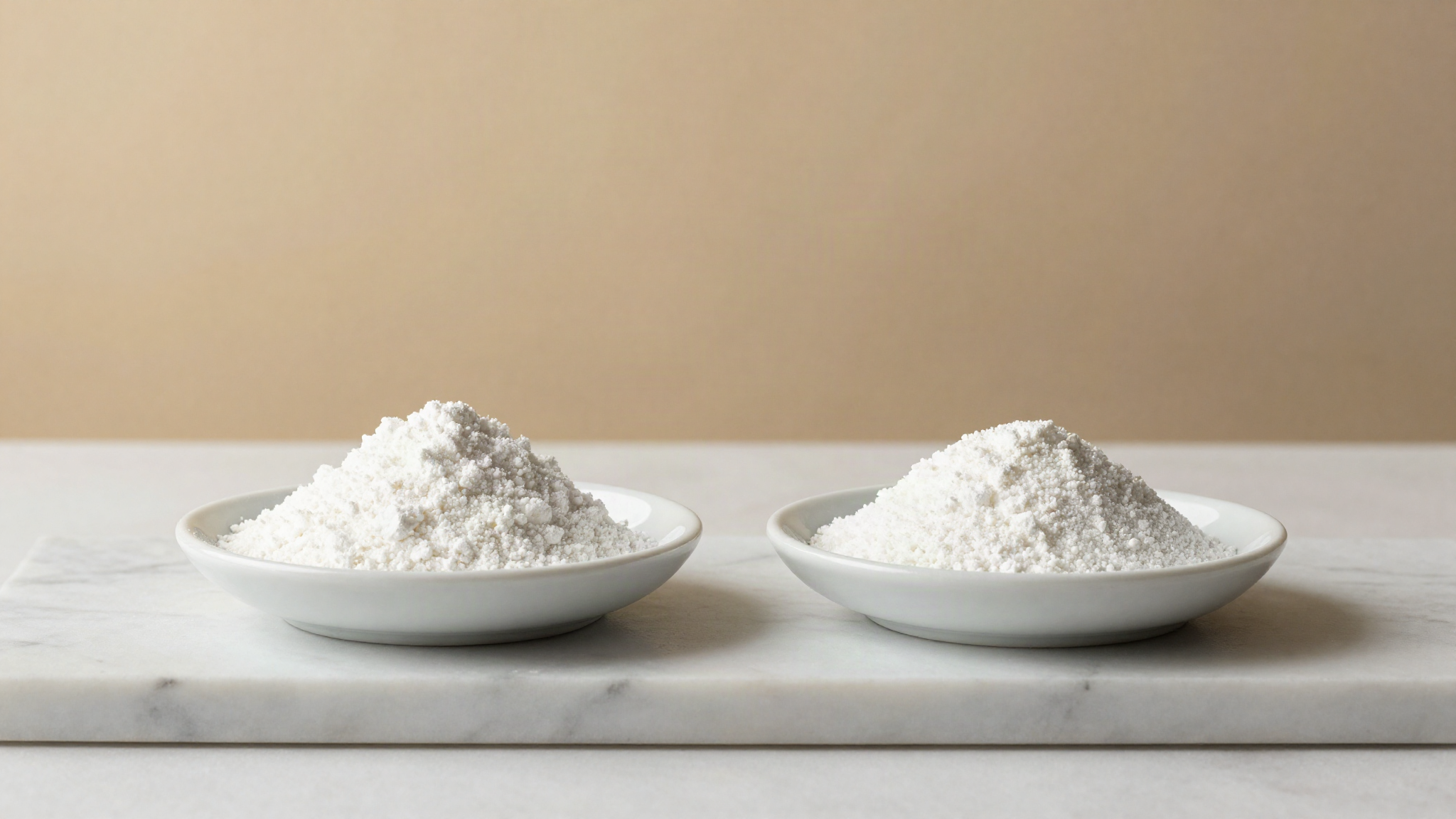 Two small white ceramic dishes of dextrose powder side by side on a marble slab