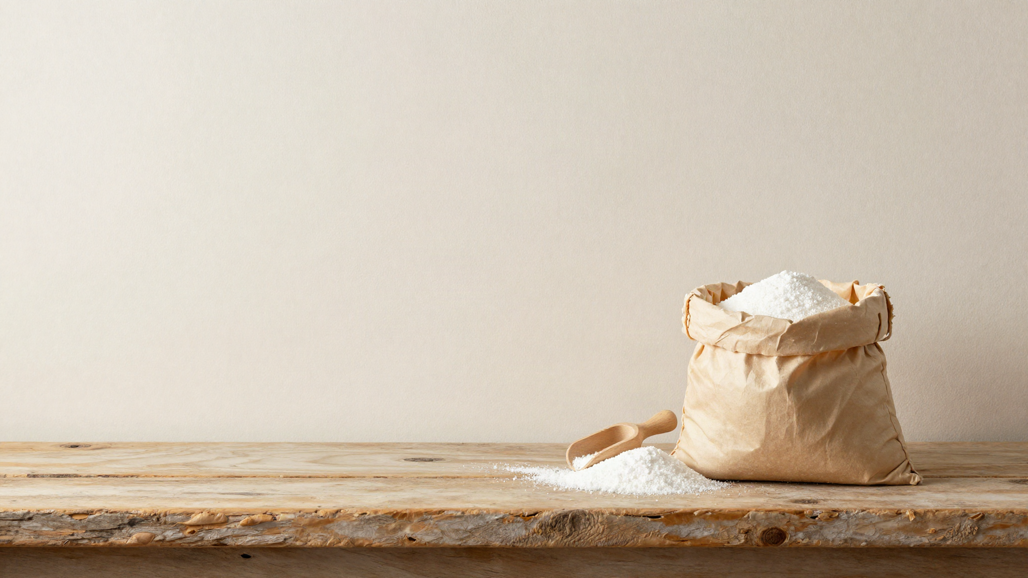 An open paper sack of white crystalline dextrose on aged wood with a small wooden scoop beside it