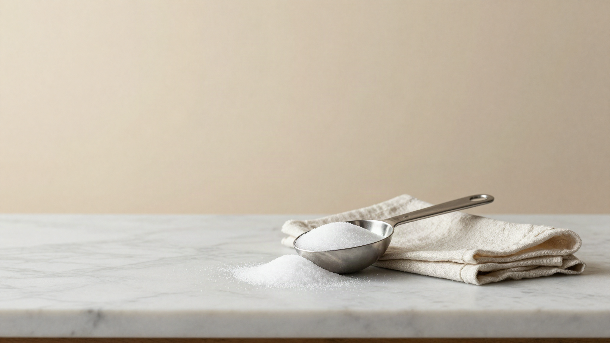 A heaped stainless steel measuring scoop of fine white crystalline sugar on a pale marble bench beside a folded linen cloth
