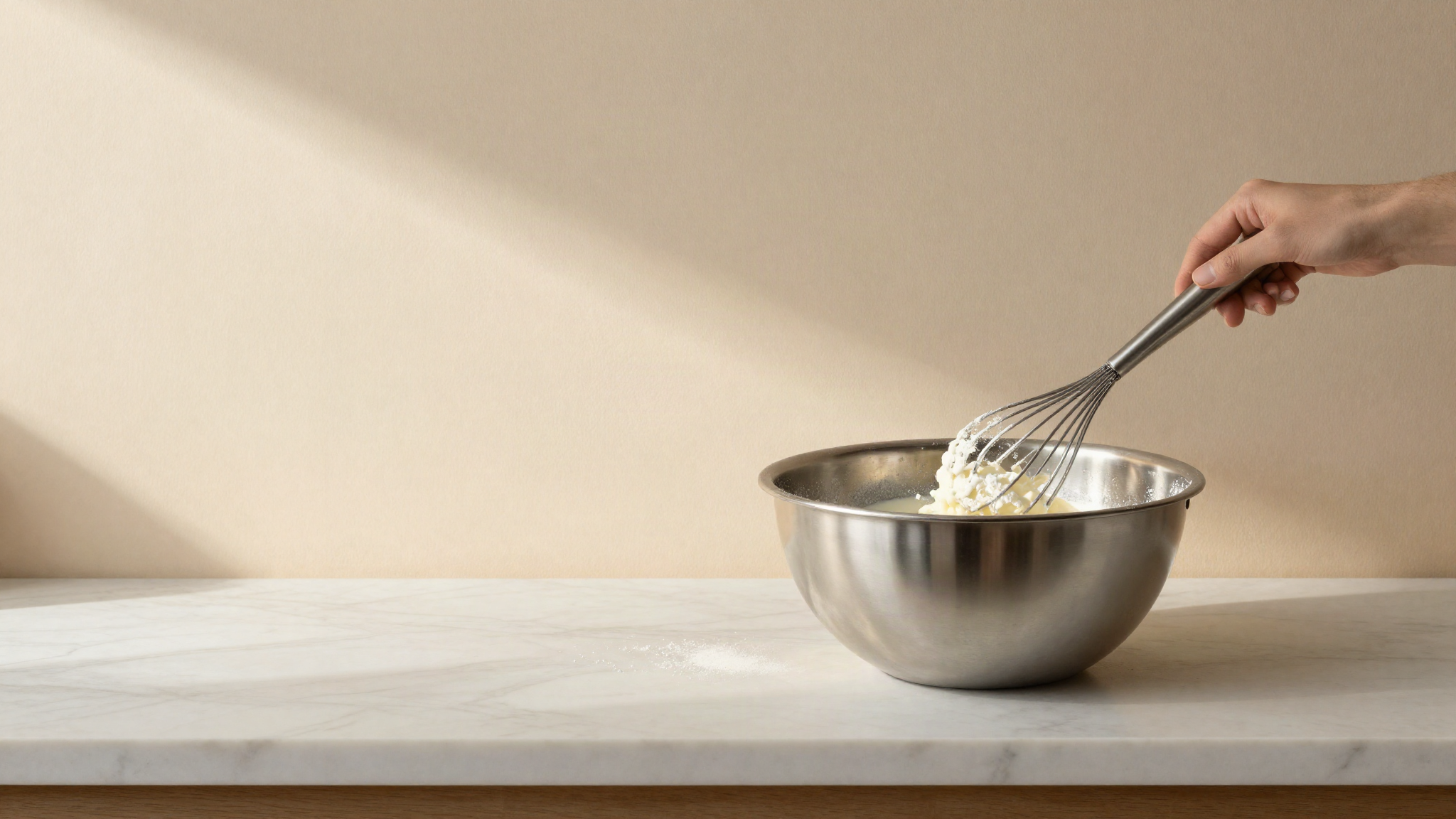 A stainless steel mixing bowl of warm milk with white powder being folded in by a balloon whisk