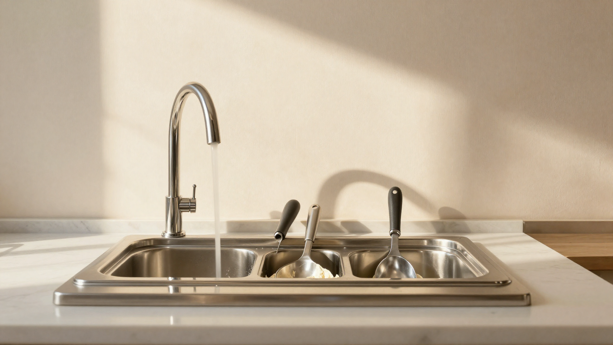 A stainless dipper well station with running water and scoops in an italian gelato lab