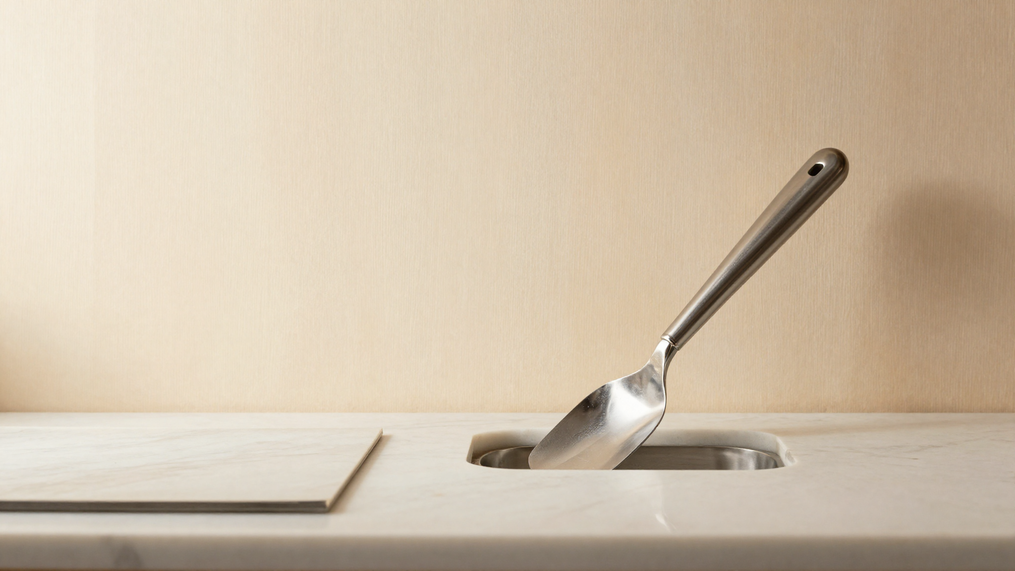 A stainless gelato spatula resting in a clean dry utensil holder beside a display case