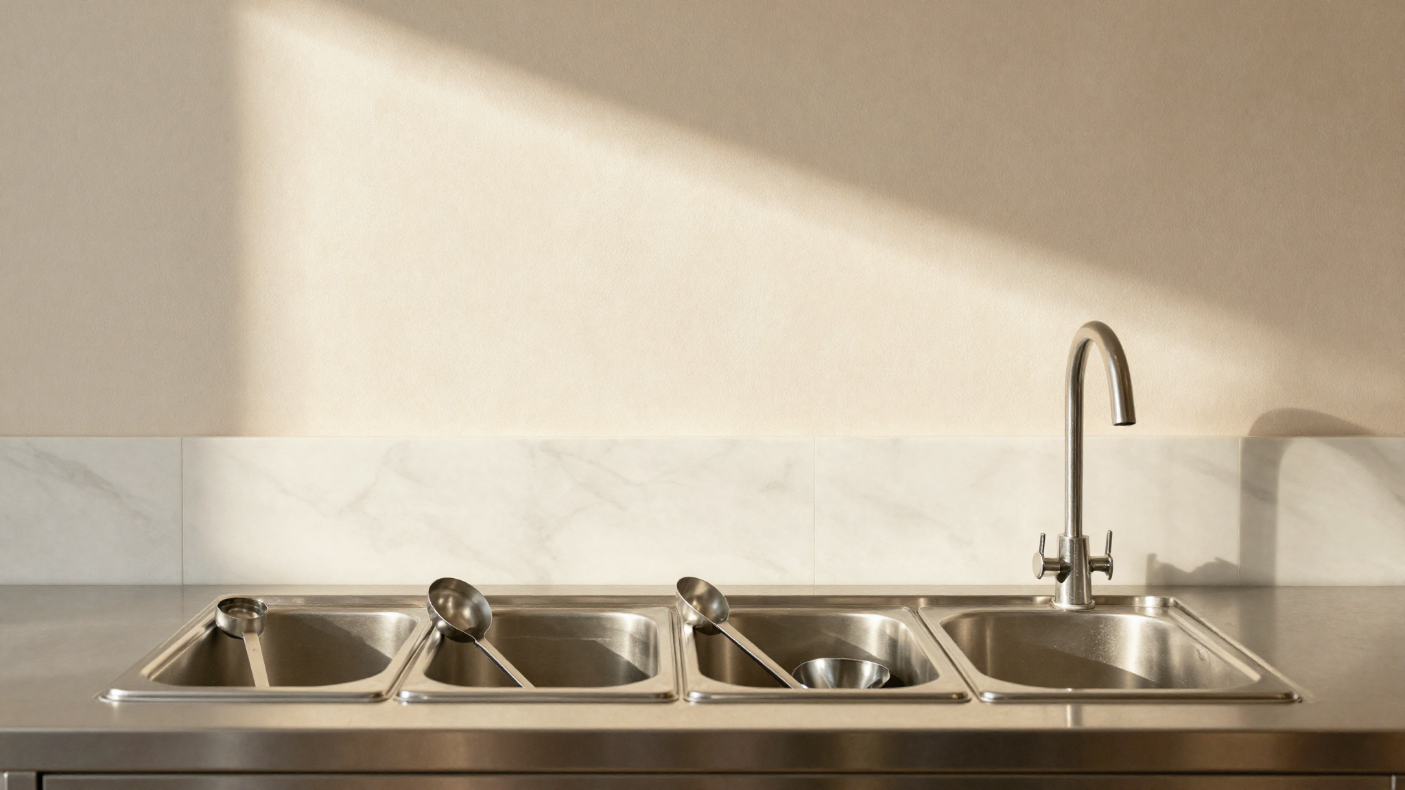 An overhead sanitizing station with fresh running water and neatly arranged stainless scoops