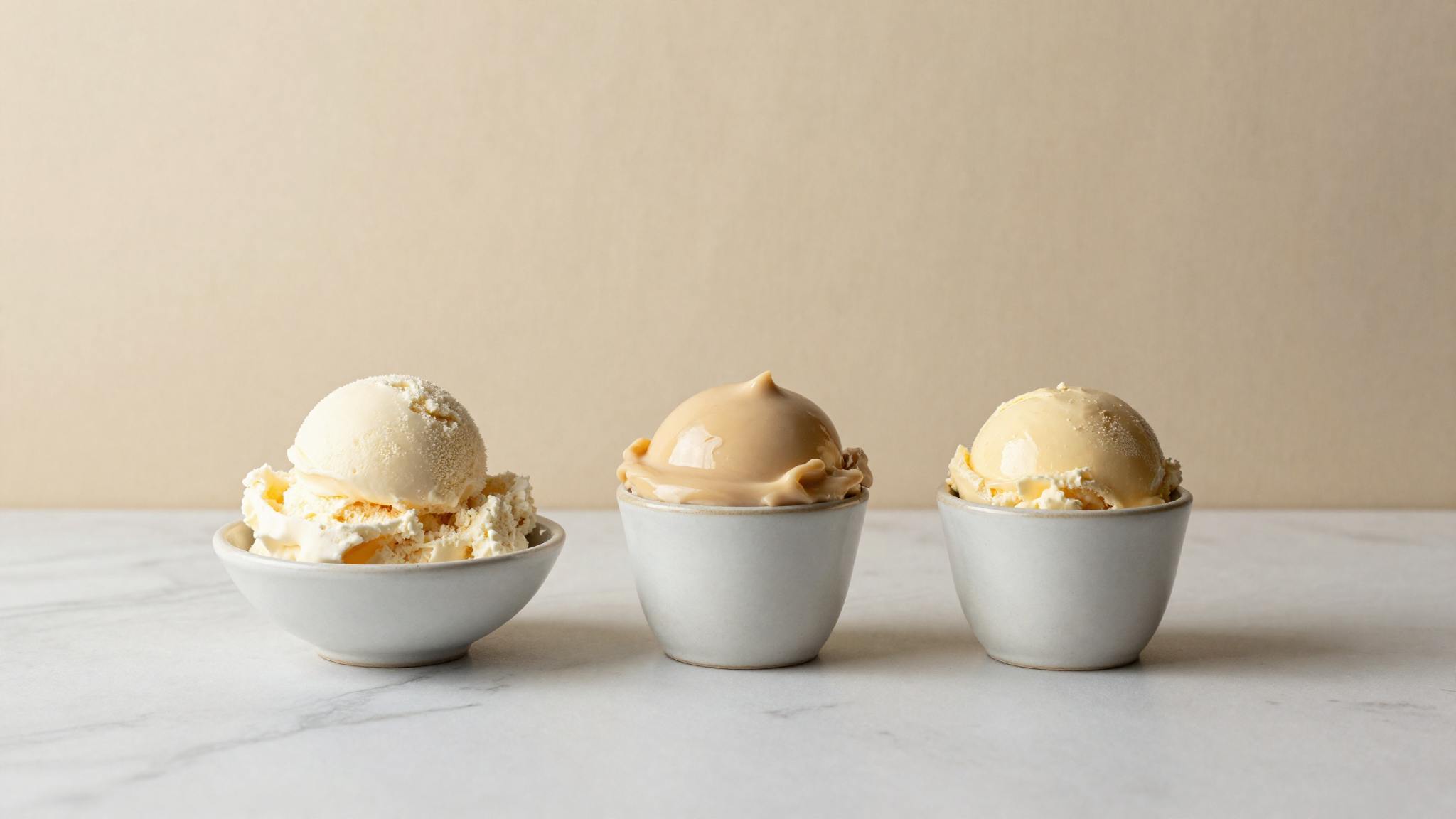 A small dish of pale fluffy unstabilized gelato beside a glossy elastic stabilized gelato in twin ceramic cups on a marble surface