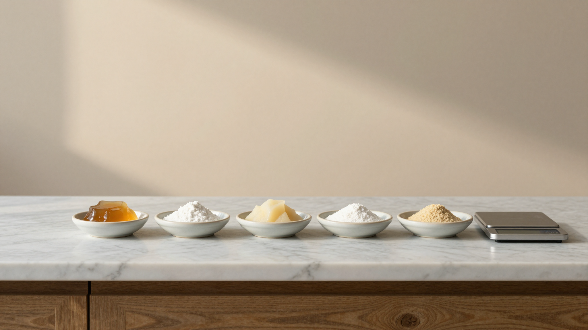 Small ceramic dishes of locust bean gum guar gum and carrageenan powder lined up on a marble counter beside a tiny digital scale