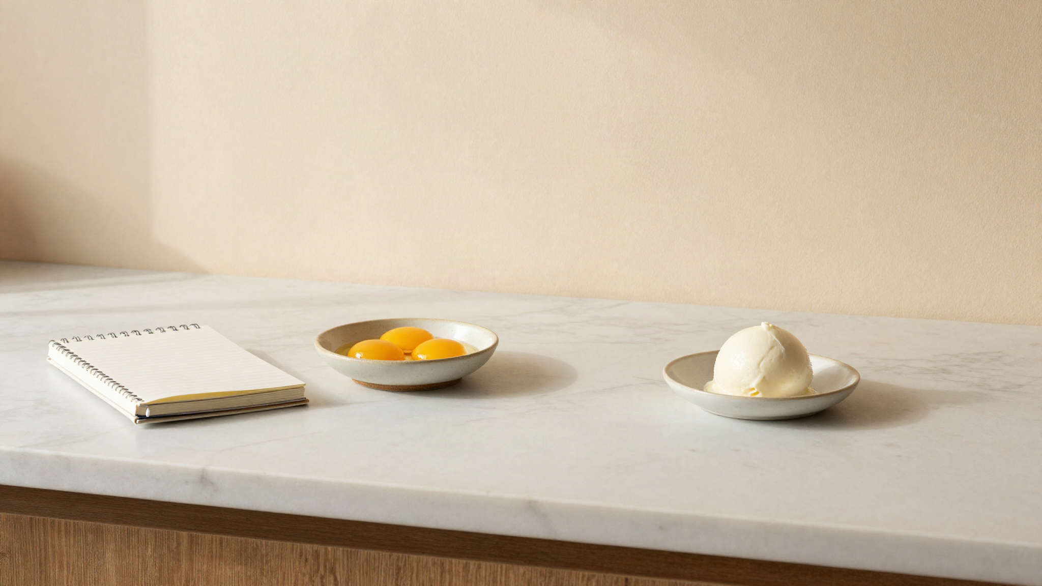 A marble counter seen from above with an open notebook, a small digital scale, a ceramic dish of fresh egg yolks and a cup of white gelato