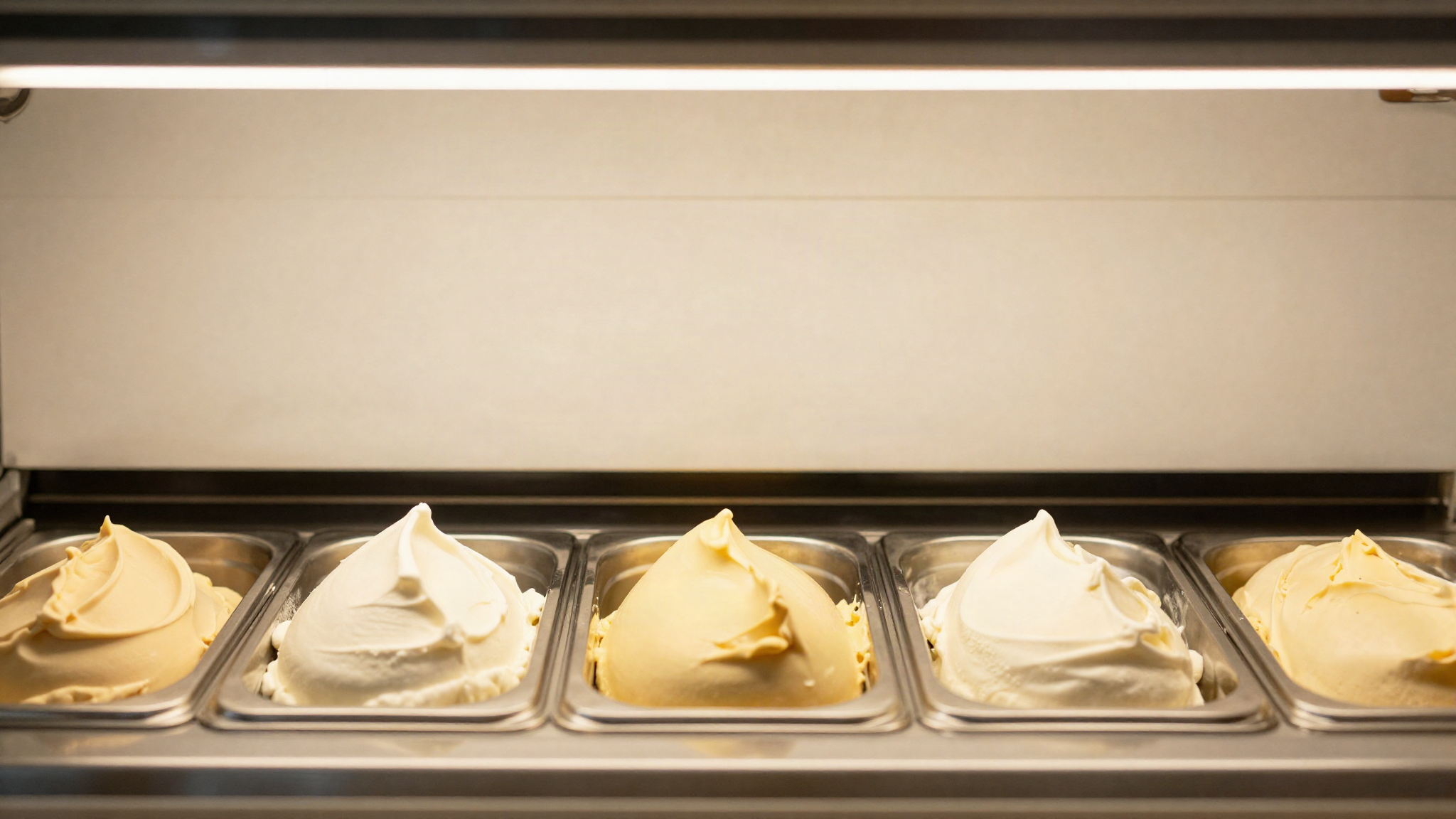 A row of stainless steel gelato pans in a shop display case, pale cream and white flavours side by side