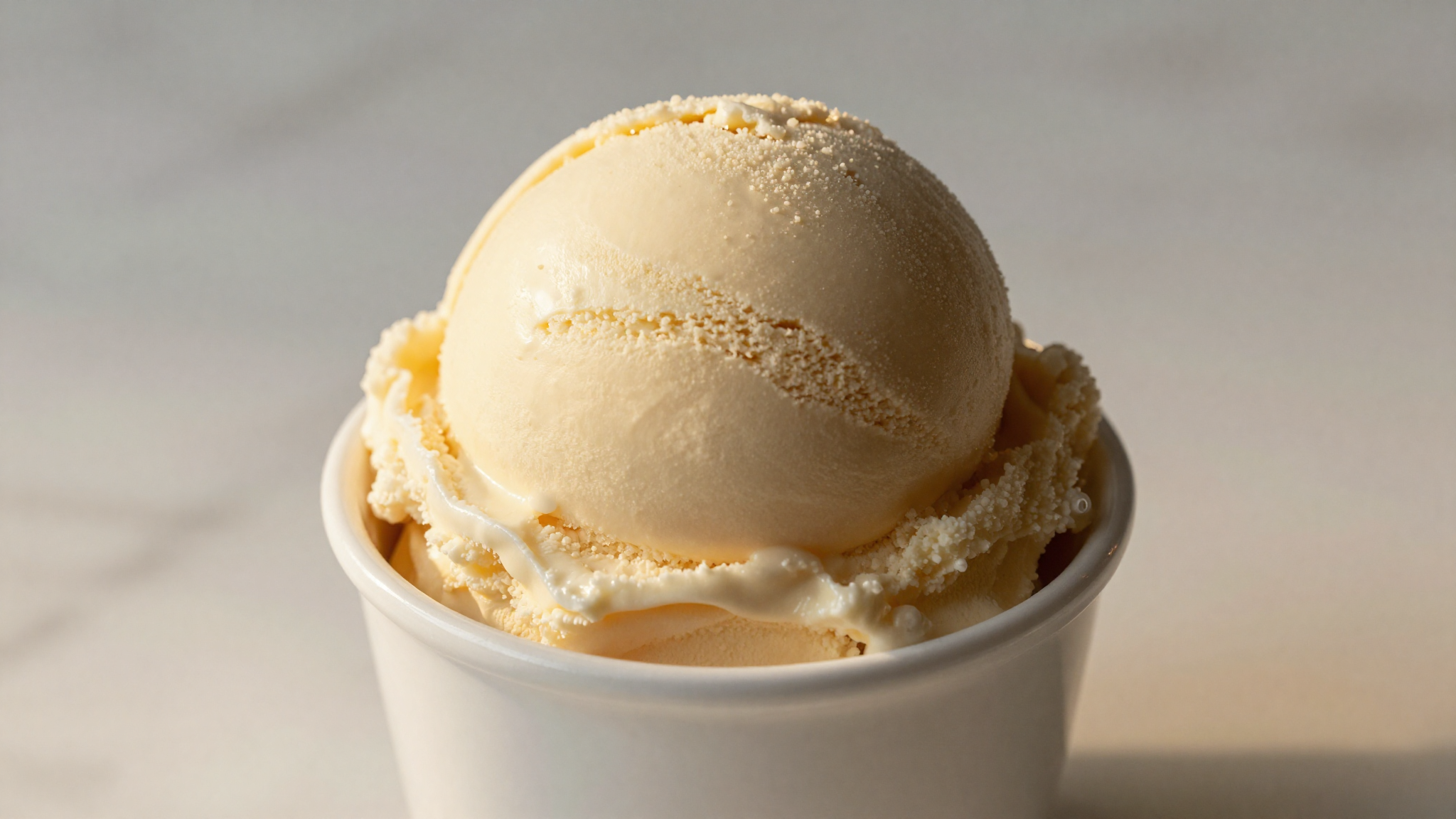 Extreme close-up of a single dense smooth scoop of italian gelato in a white ceramic cup