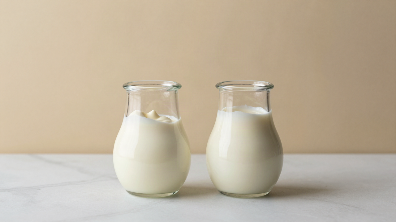 Two small glass jugs of fresh cream side by side on a white marble surface, one thicker than the other