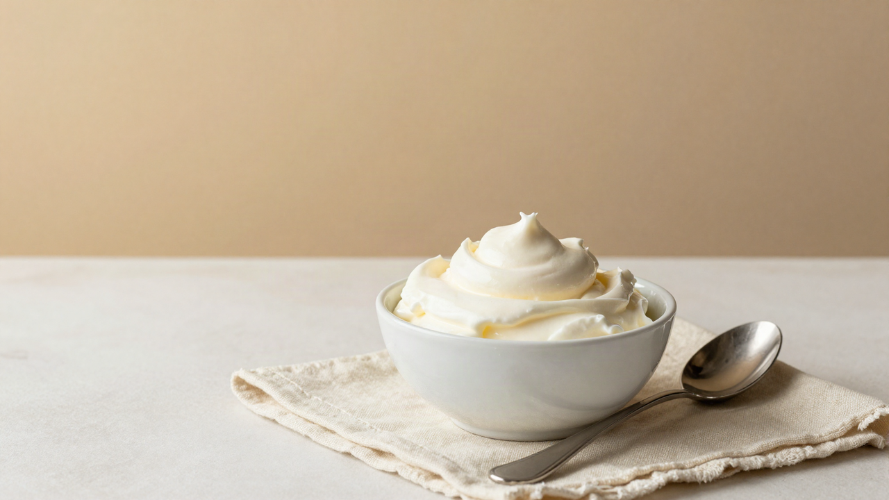 A white ceramic bowl of very thick double cream holding soft peaks with a silver spoon beside it on cream linen