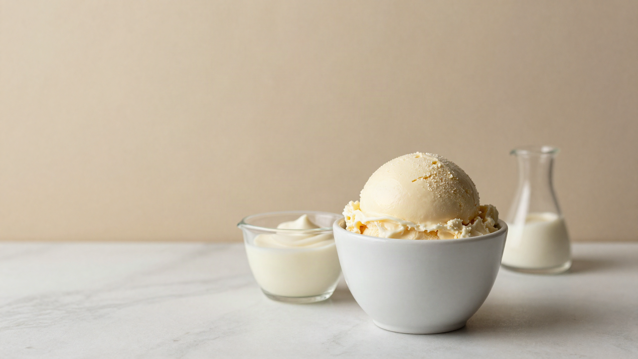 A scoop of rich ivory cream gelato in a white ceramic cup beside small glass jugs of cream on marble