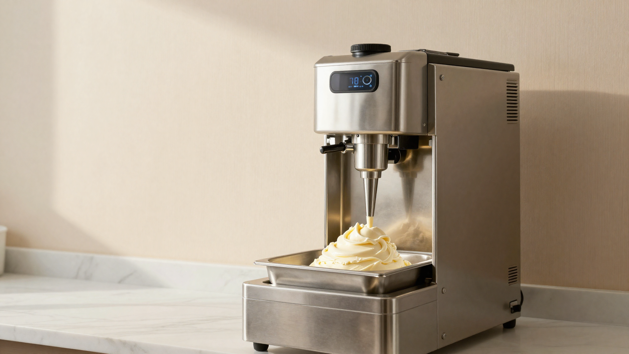 A professional batch freezer in an Italian gelato lab with fresh gelato extruding into a metal pan