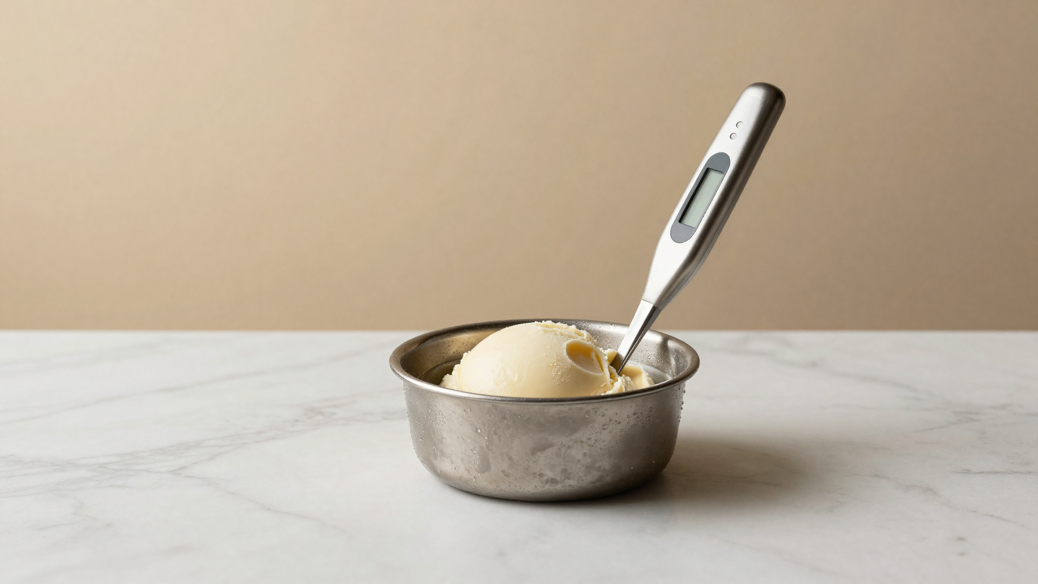 A digital probe thermometer inserted into a pan of freshly drawn pale gelato