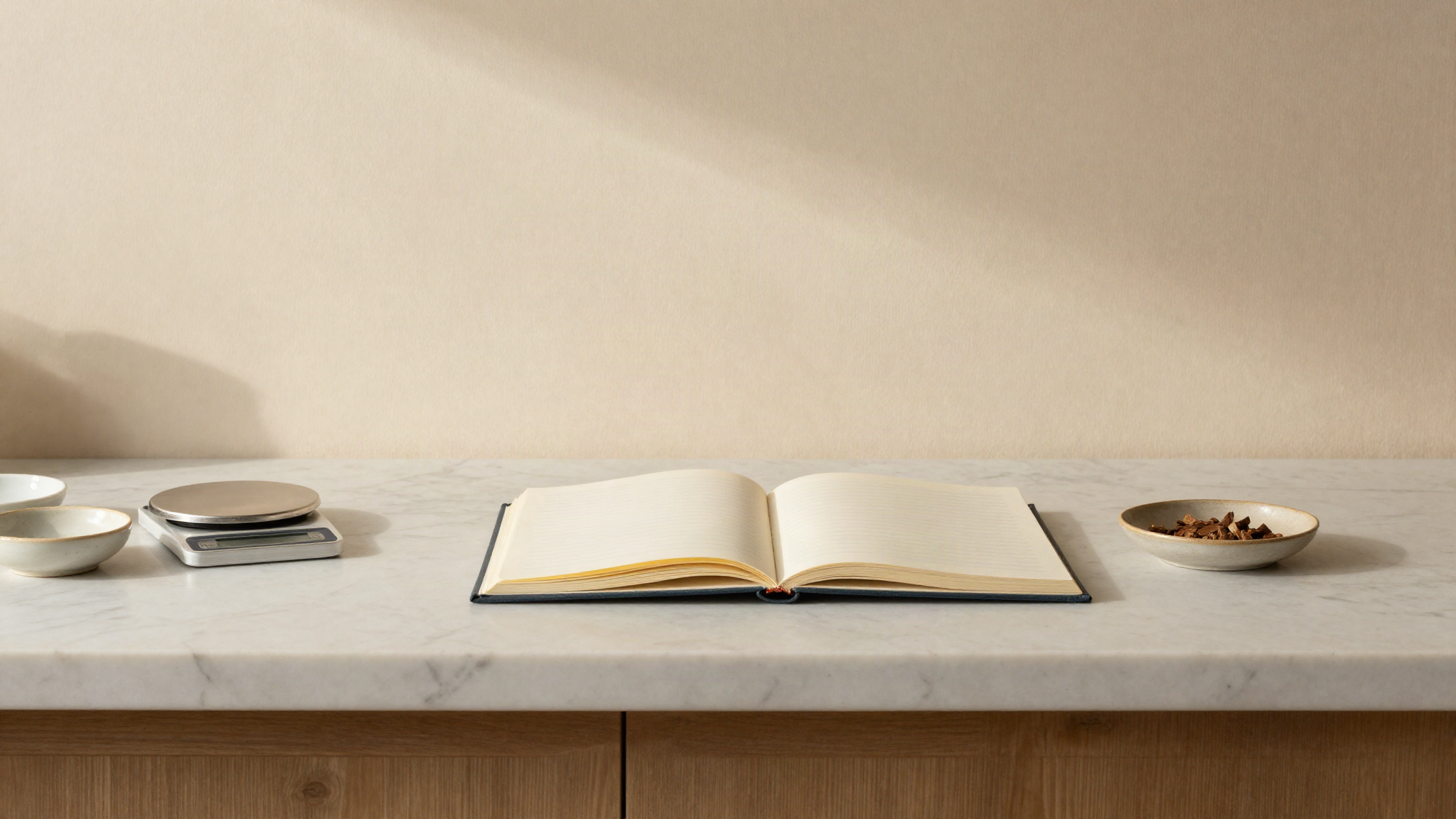 A marble counter seen from above with a notebook, a small digital scale and ceramic dishes