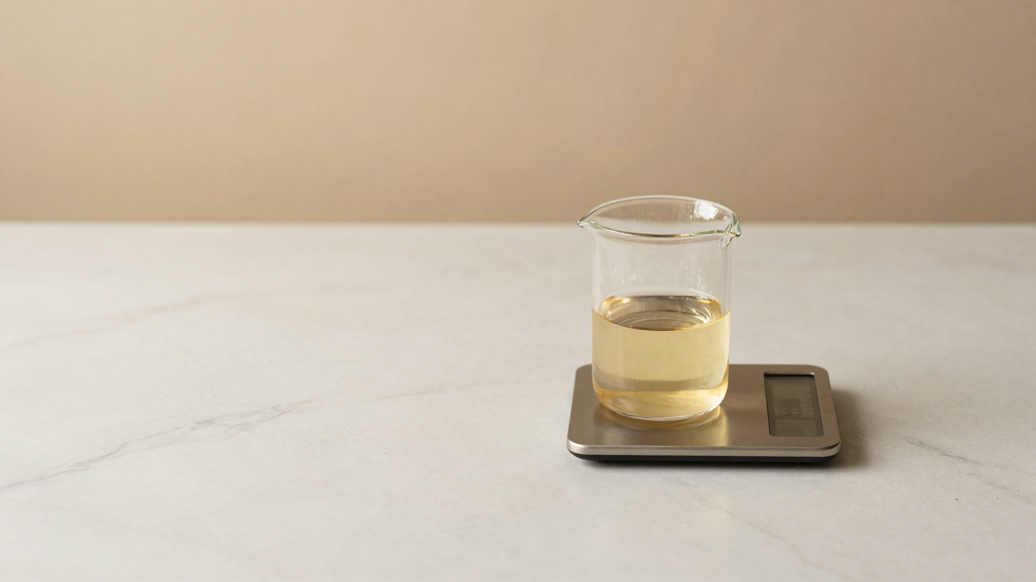 A small glass beaker of clear syrup resting on a digital scale on a marble counter