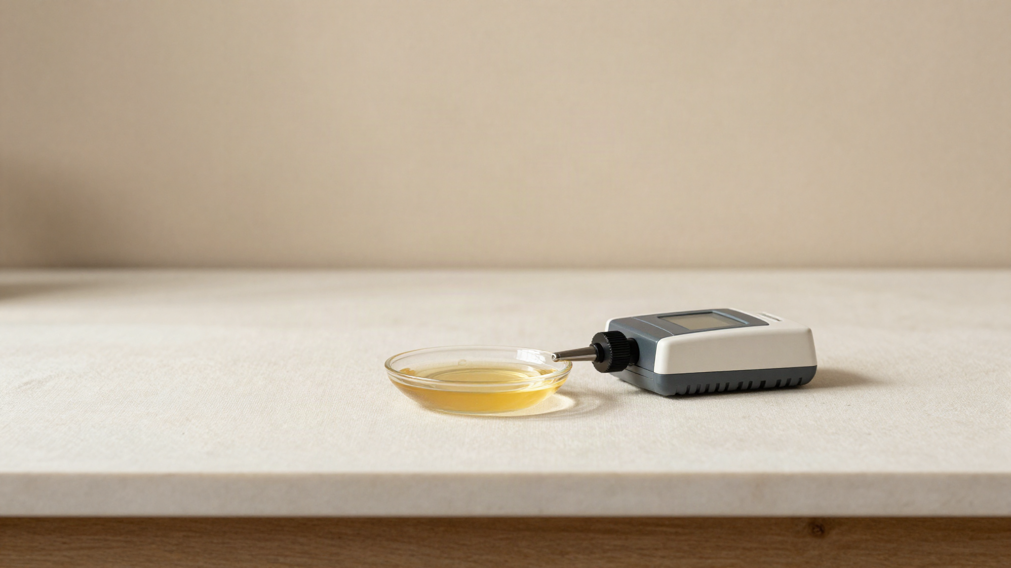 A handheld refractometer beside a small dish of clear syrup on light cream linen