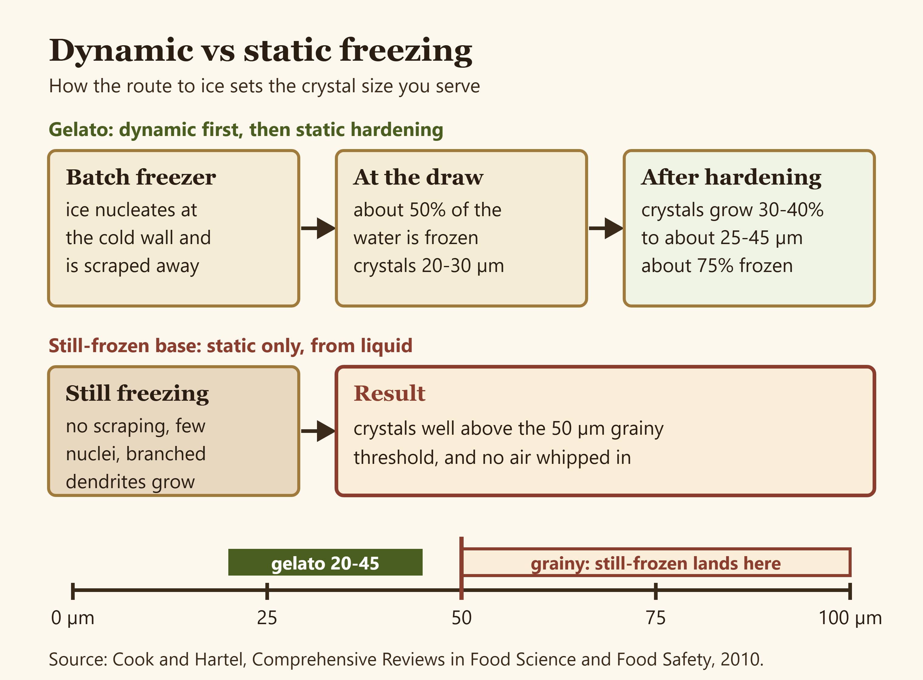Diagram comparing dynamic freezing followed by static hardening, reaching 25 to 45 micrometre crystals, with static freezing alone, producing crystals above the 50 micrometre grainy threshold