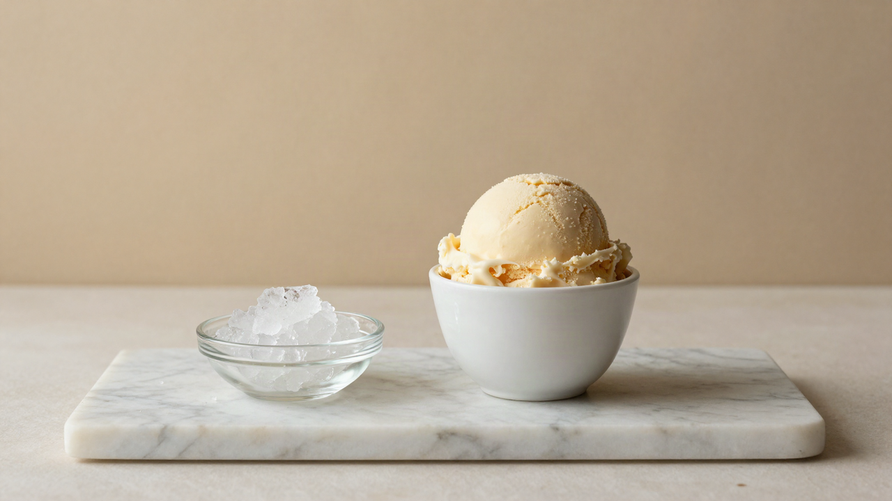 A scoop of pale gelato in a white ceramic cup beside a small glass dish of coarse still-frozen ice crystals on marble