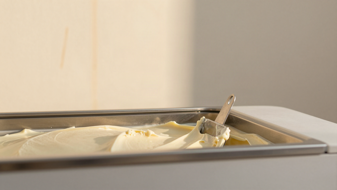 A stainless steel pan of freshly churned pale gelato with a flat spatula resting in it