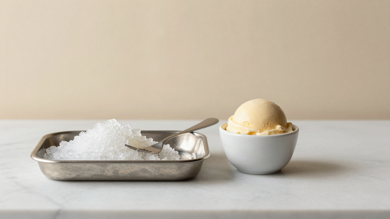A shallow steel tray of coarse granita ice crystals raked with a fork beside a cup of smooth gelato on marble