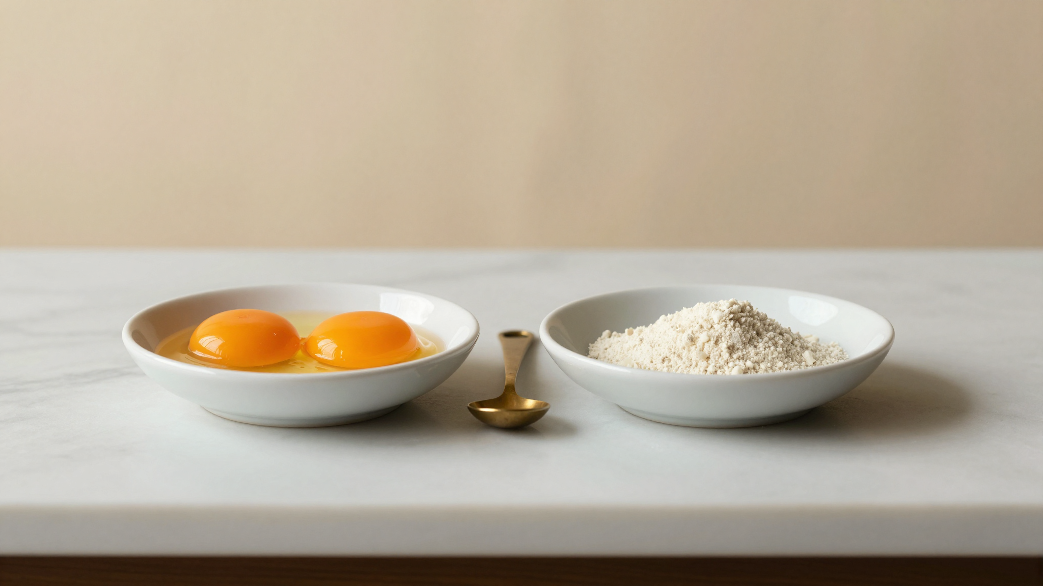 Side by side on marble: two fresh egg yolks in a white ramekin and a small dish of off-white stabilizer powder