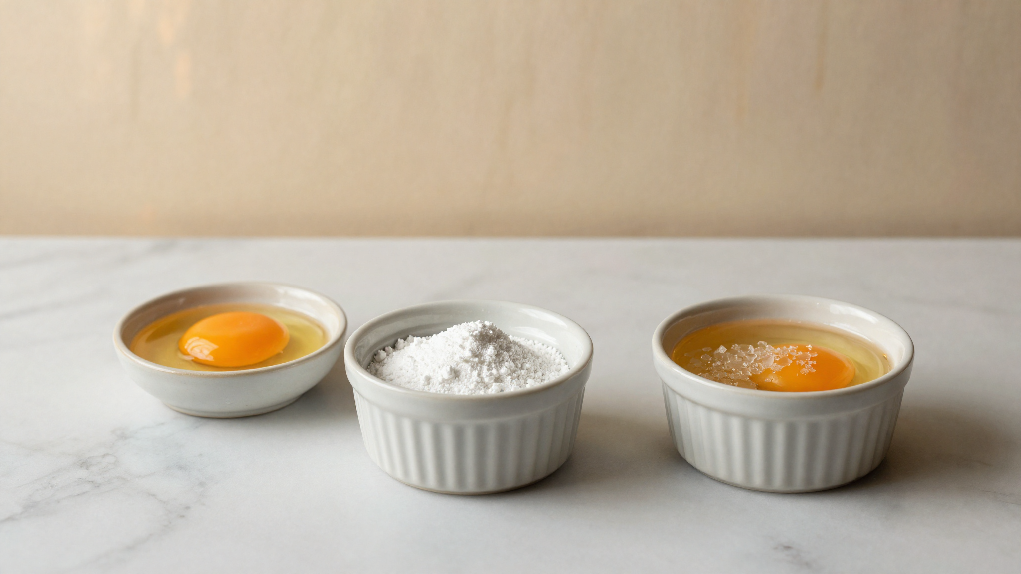 Three small dishes on a marble surface: two egg yolks in one, white stabilizer powder in another, mono-diglyceride flakes in a third, soft daylight