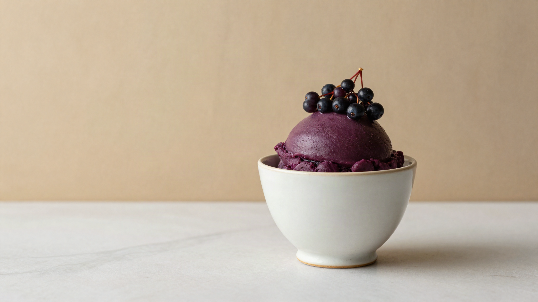 Deep purple elderberry sorbet in a refined ceramic cup garnished with a single elderberry cluster