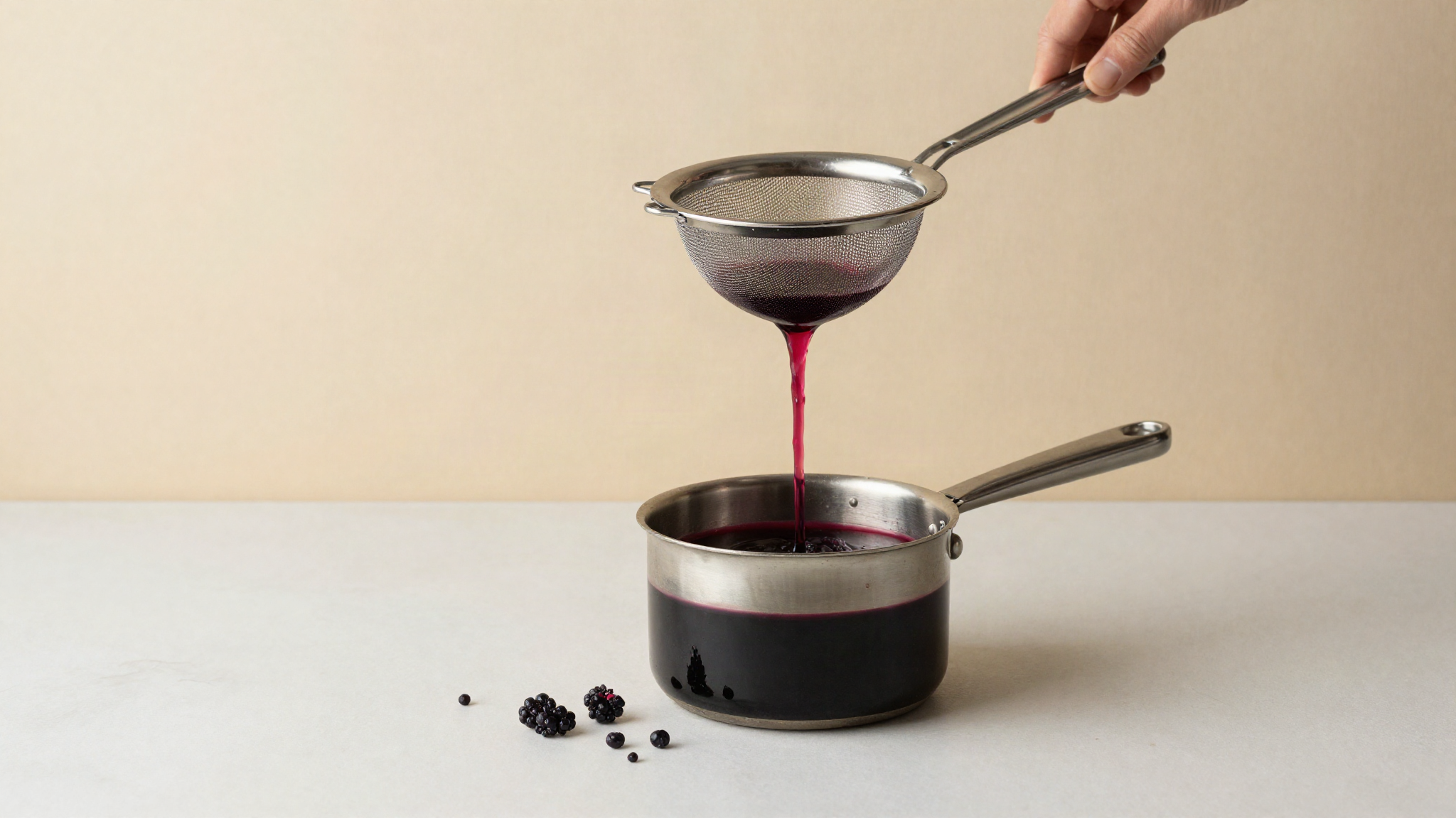 Simmering dark elderberry syrup beside a fine mesh conical strainer set over a glass jug