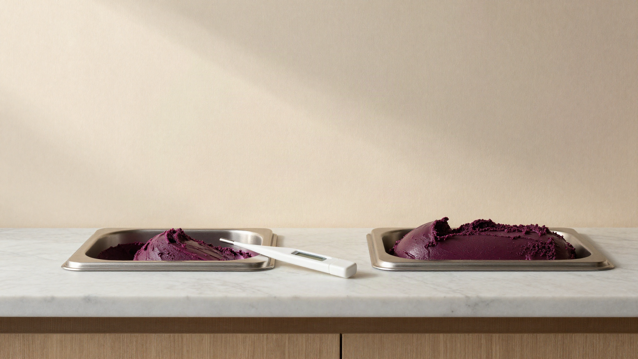 A stainless steel tub of glossy deep violet elderberry sorbet with a probe thermometer beside it
