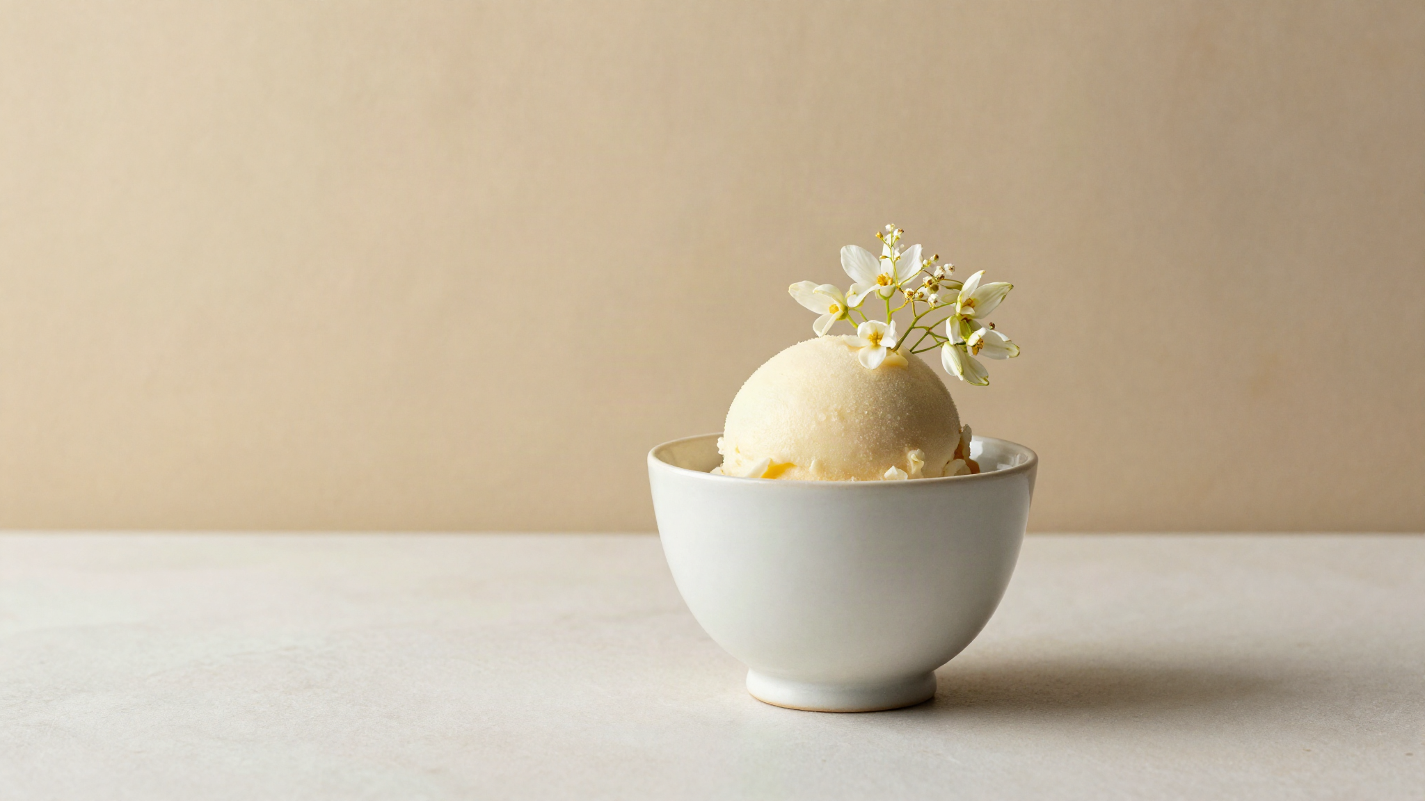 Elderflower sorbet in a refined ceramic cup with a fresh elderflower sprig beside it on marble