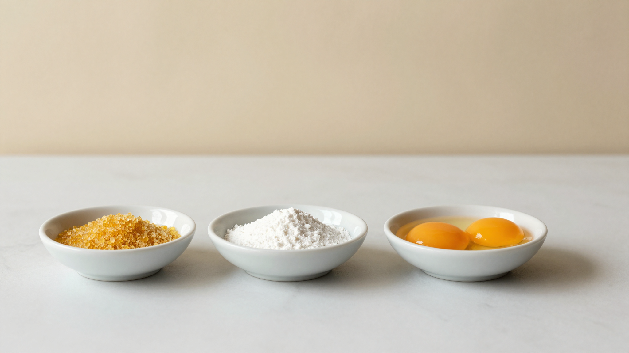 Three small ceramic dishes on marble showing soy lecithin granules, mono-diglycerides powder, and fresh egg yolks side by side