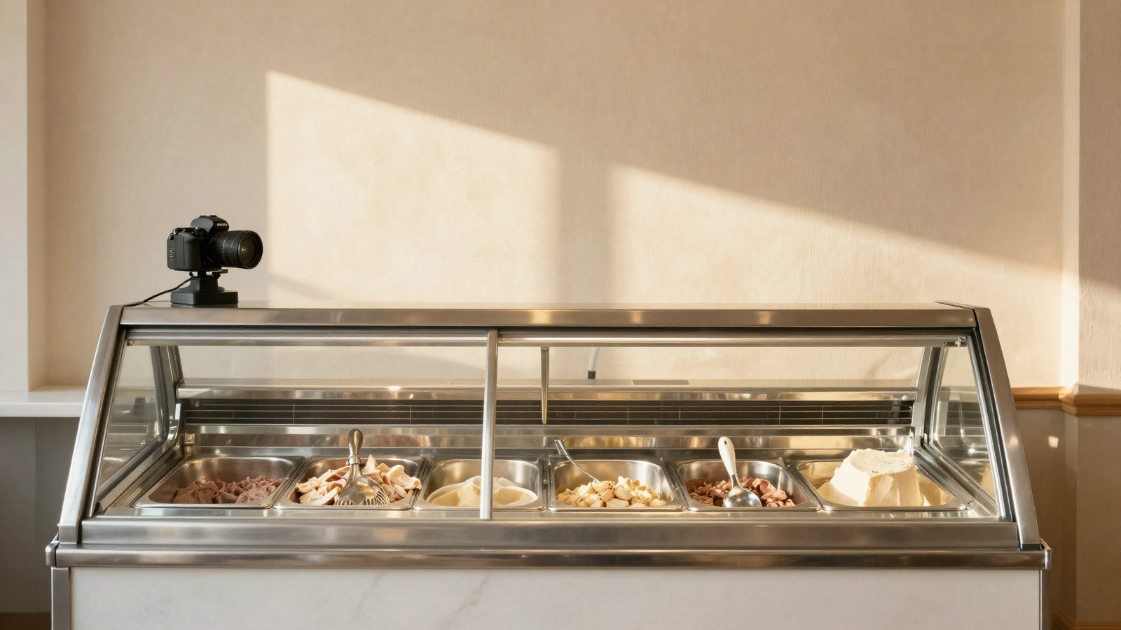 Professional stainless steel gelato display freezer case in a clean italian gelateria
