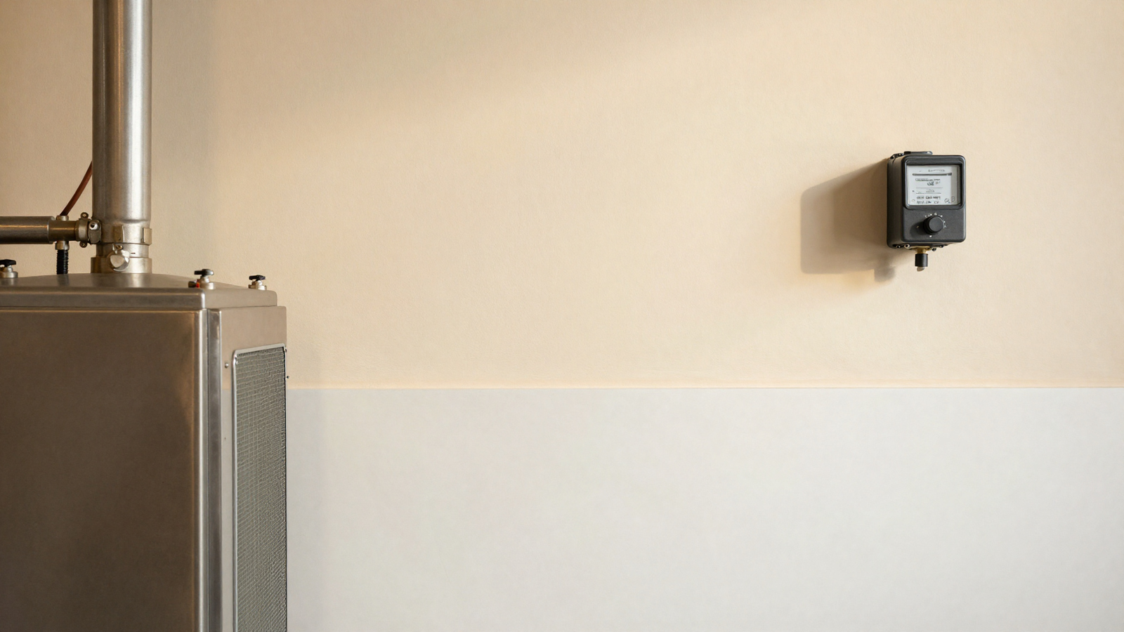 Stainless steel refrigeration condenser unit and electricity meter in a gelateria back room