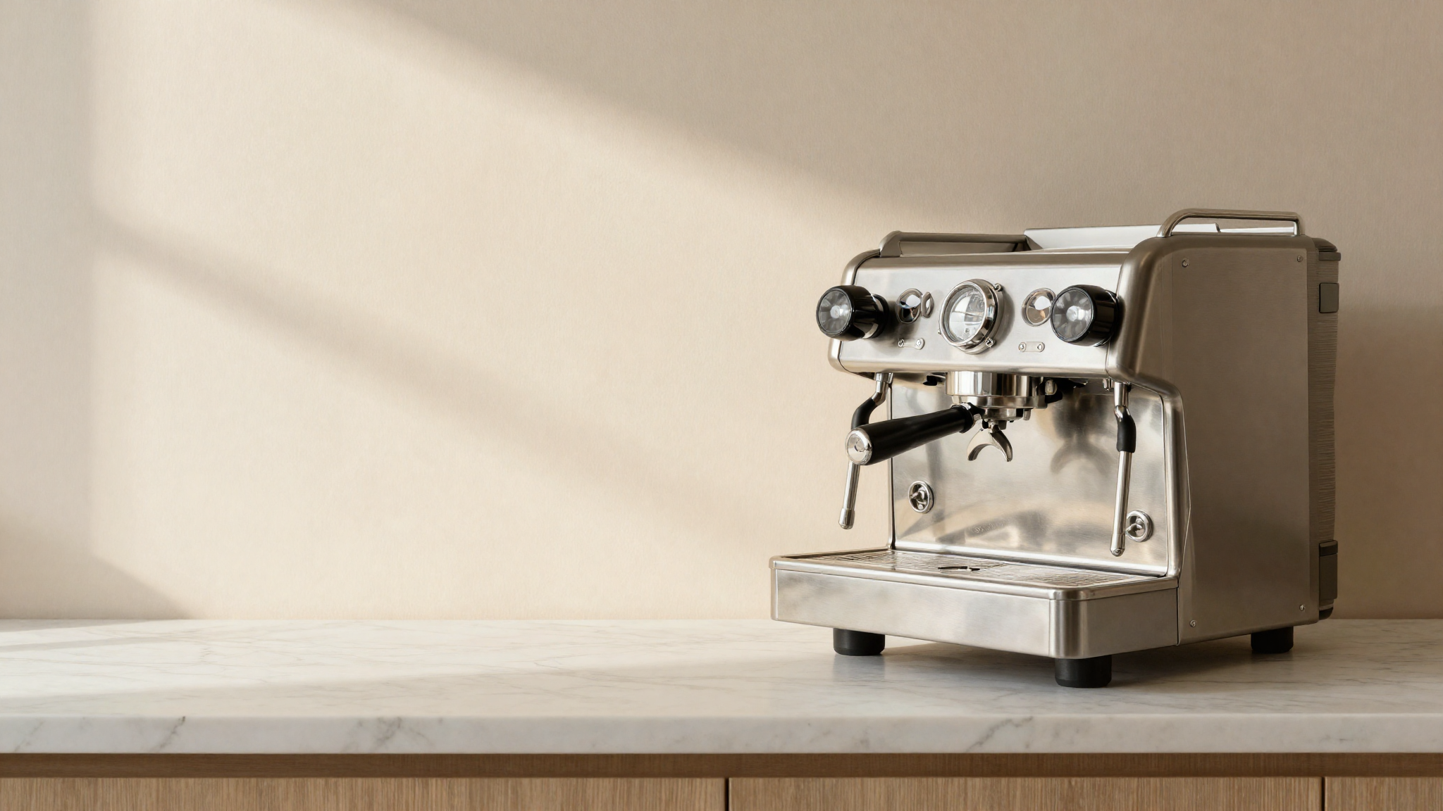 A professional espresso machine in polished stainless steel on a clean marble counter in an Italian gelato lab