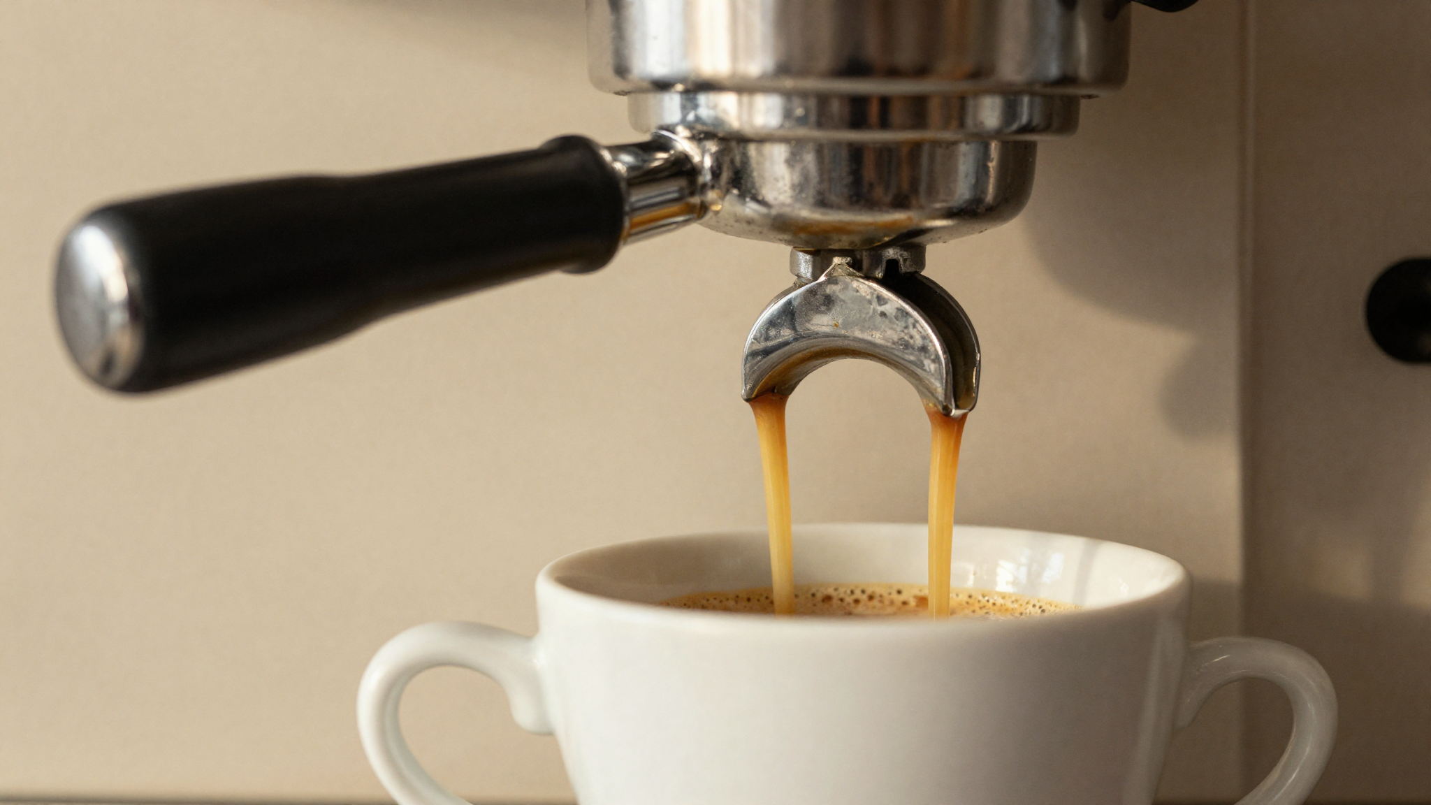 Close-up of a fresh espresso shot extracting from the portafilter into a warm cup