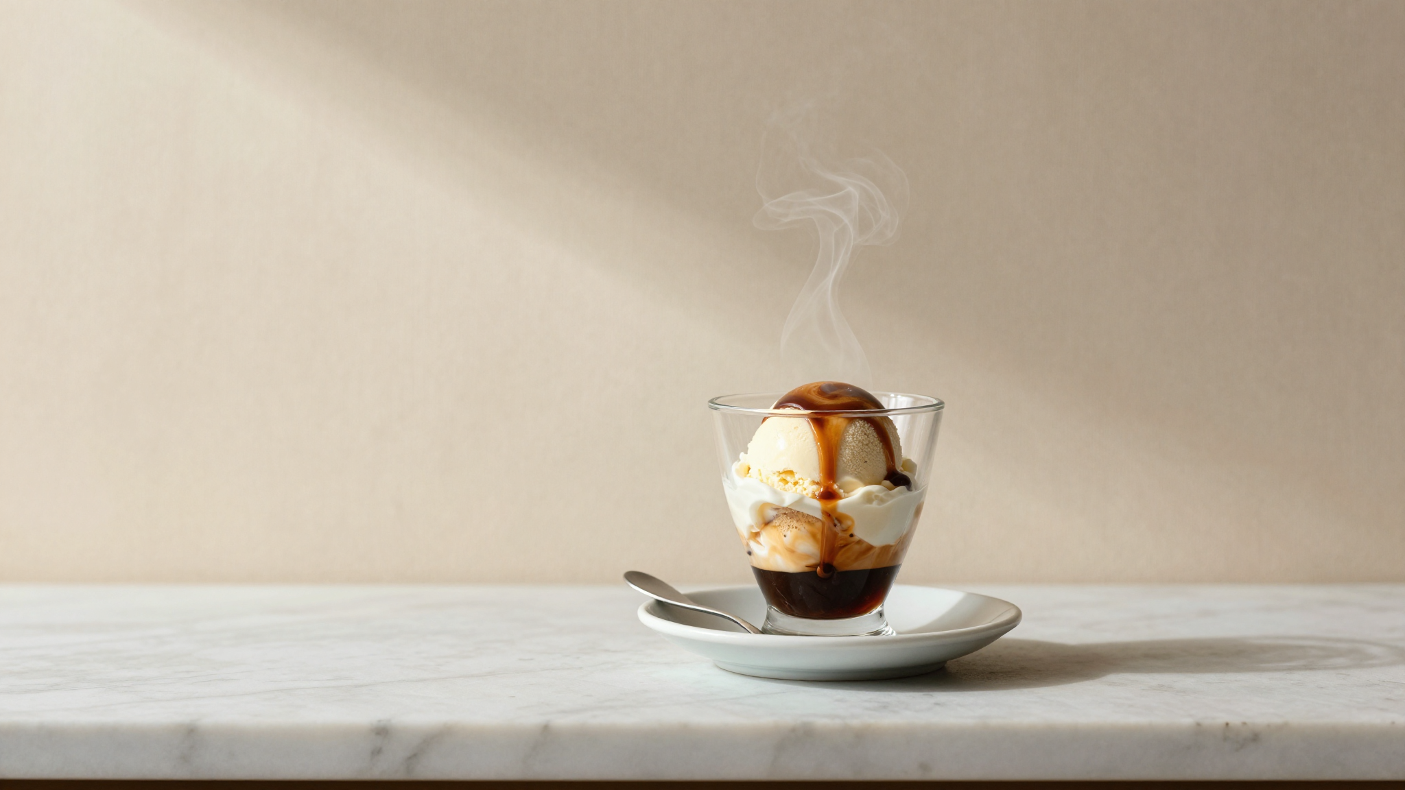 A finished affogato with a hot espresso shot poured over a scoop of gelato, steam rising from the glass