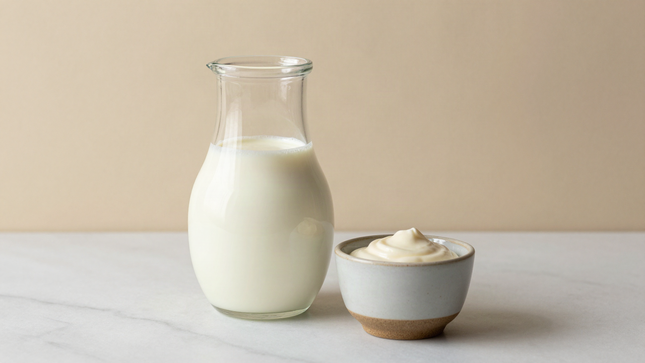 A small glass pitcher of pale ivory evaporated milk beside a small ceramic cup of it on a marble surface