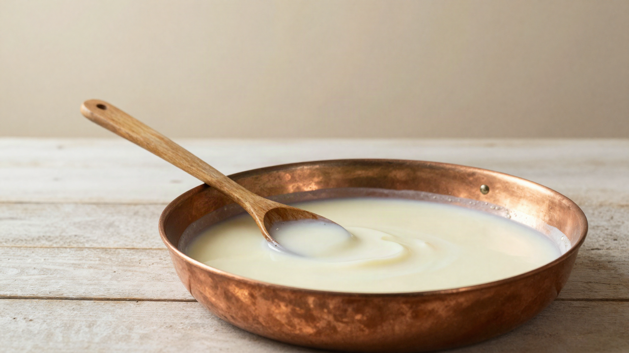 A wide copper pan of slowly reducing milk with a wooden spoon resting on the rim, on aged wood