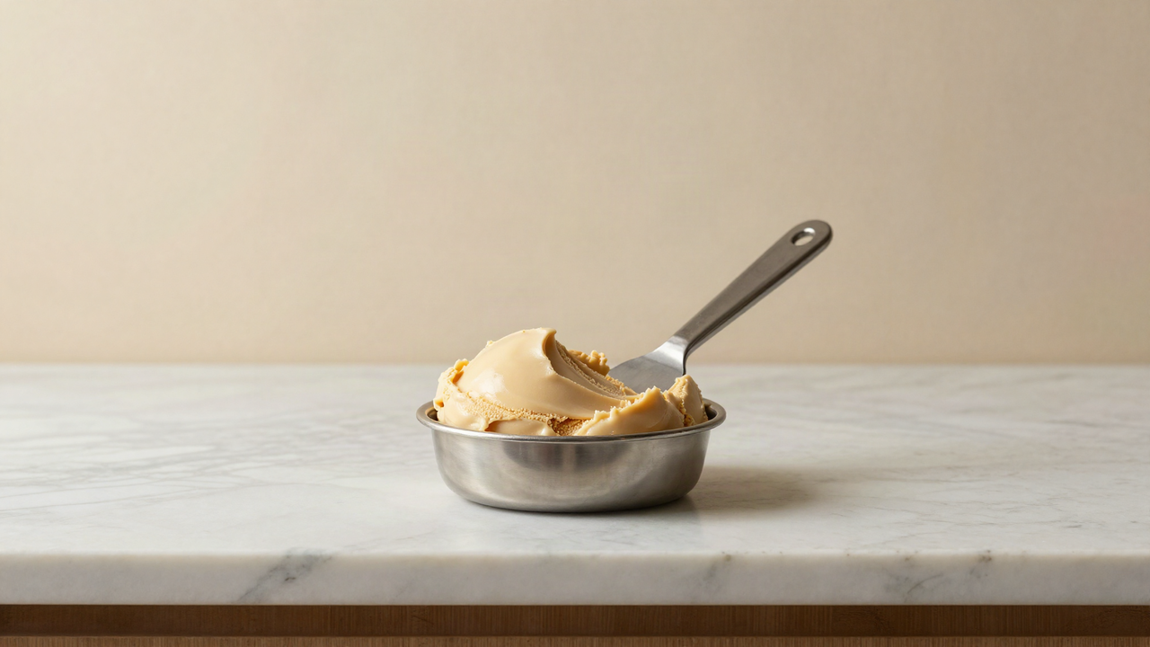 A small stainless steel pan of smooth pale caramel-toned milk gelato with a flat metal spatula on marble