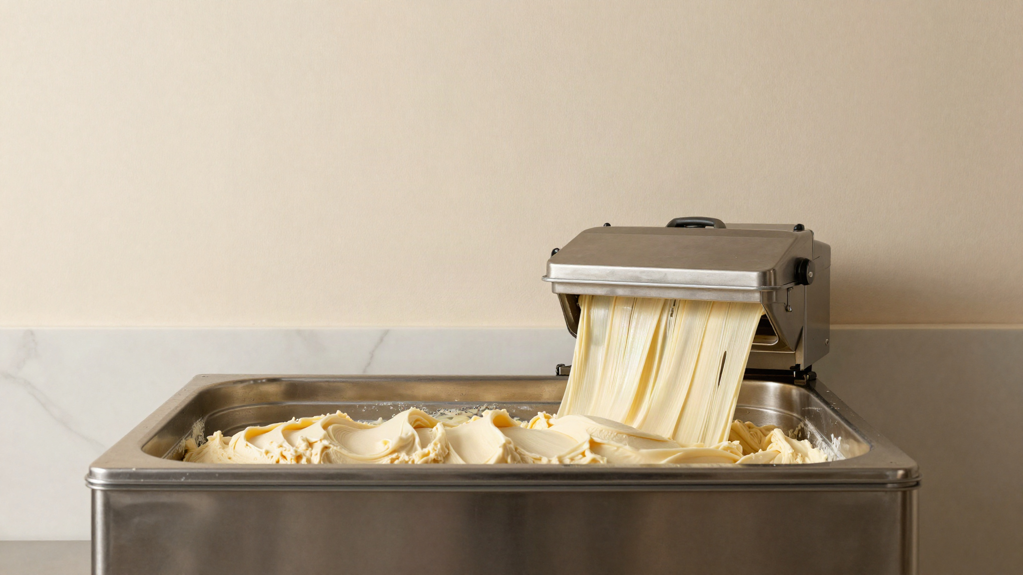 The stainless steel churning drum of an italian batch freezer with dense pale gelato ribboning out