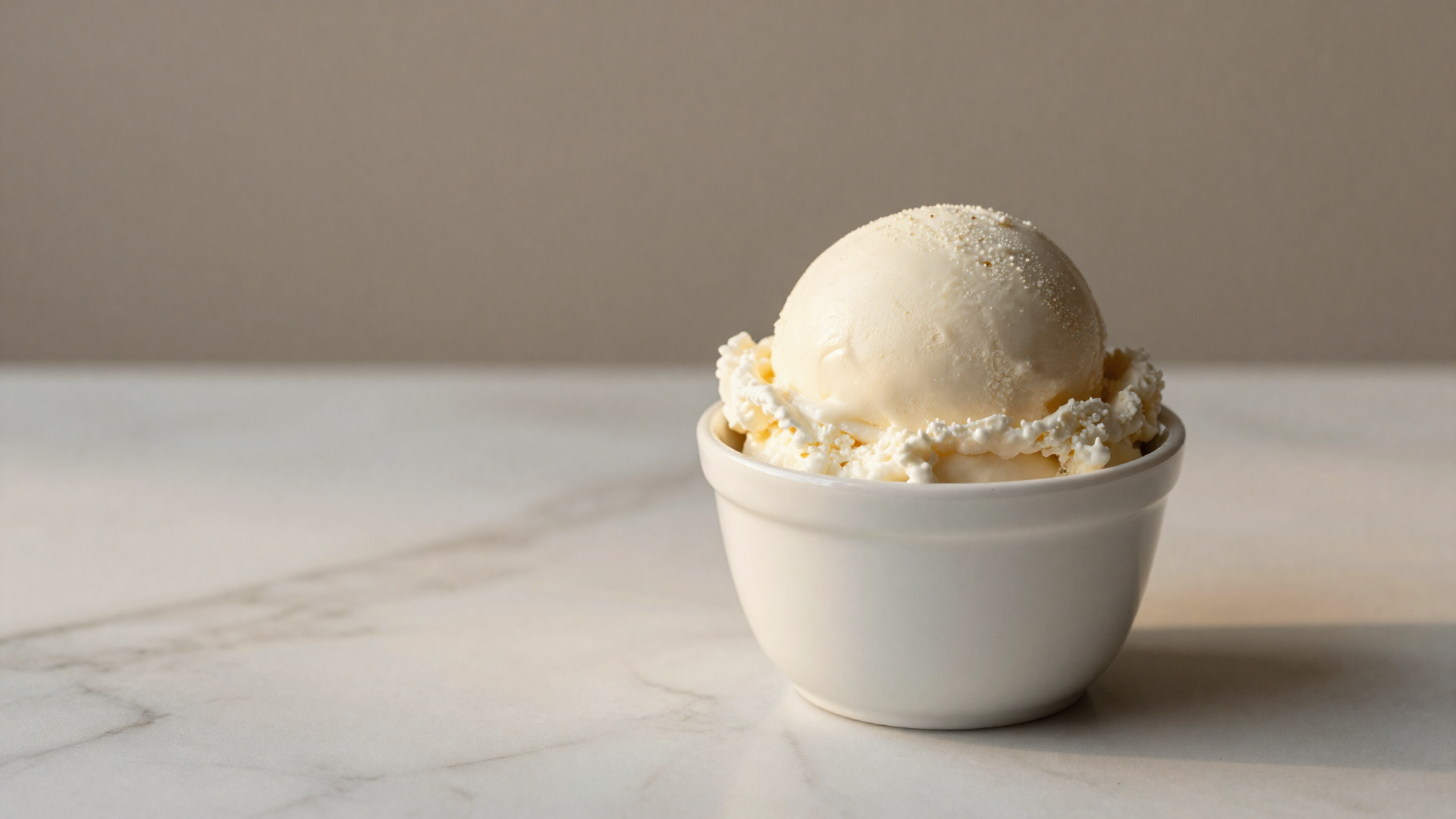 Scoop of pure white fior di latte gelato in a small ceramic cup on marble