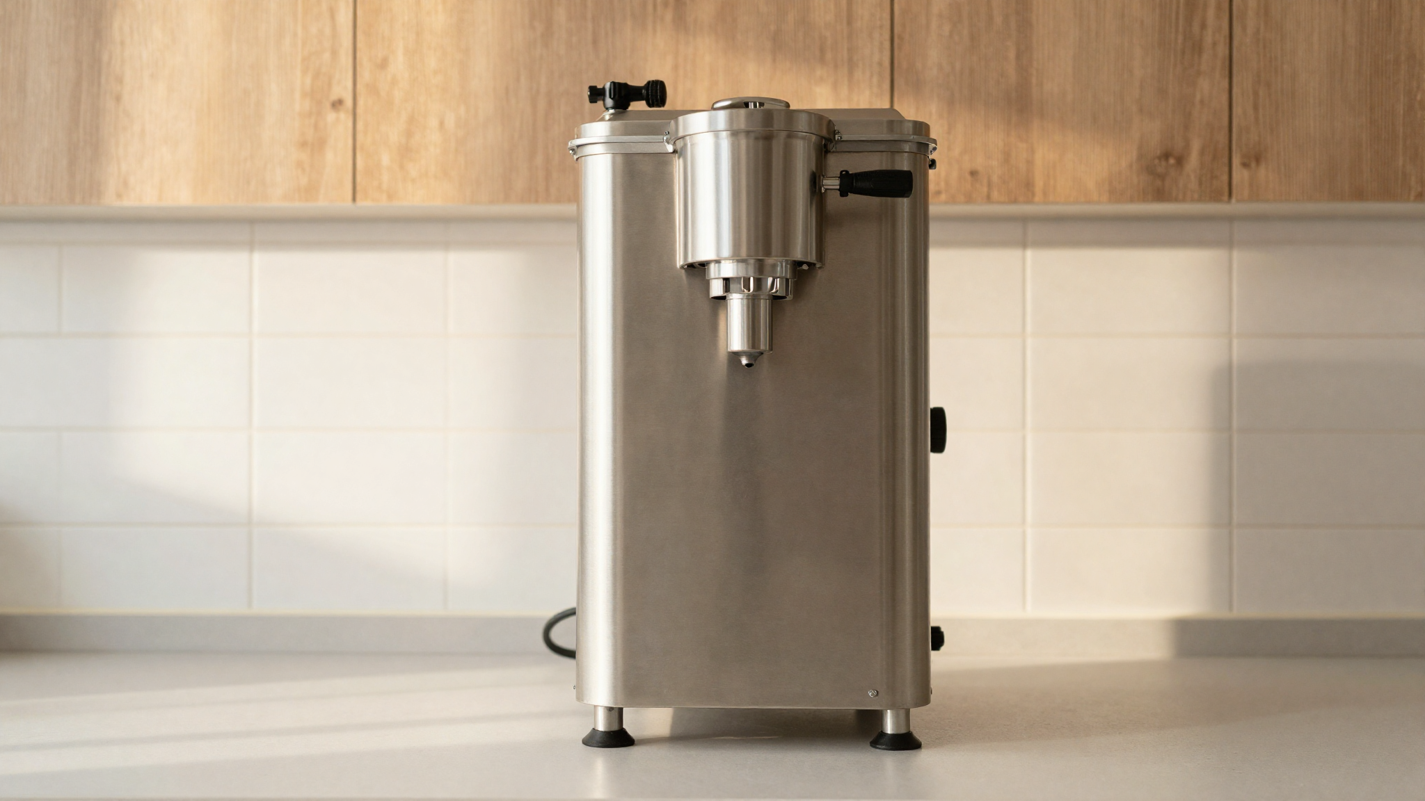 Stainless steel gelato pasteuriser in a clean Italian lab, warm side light
