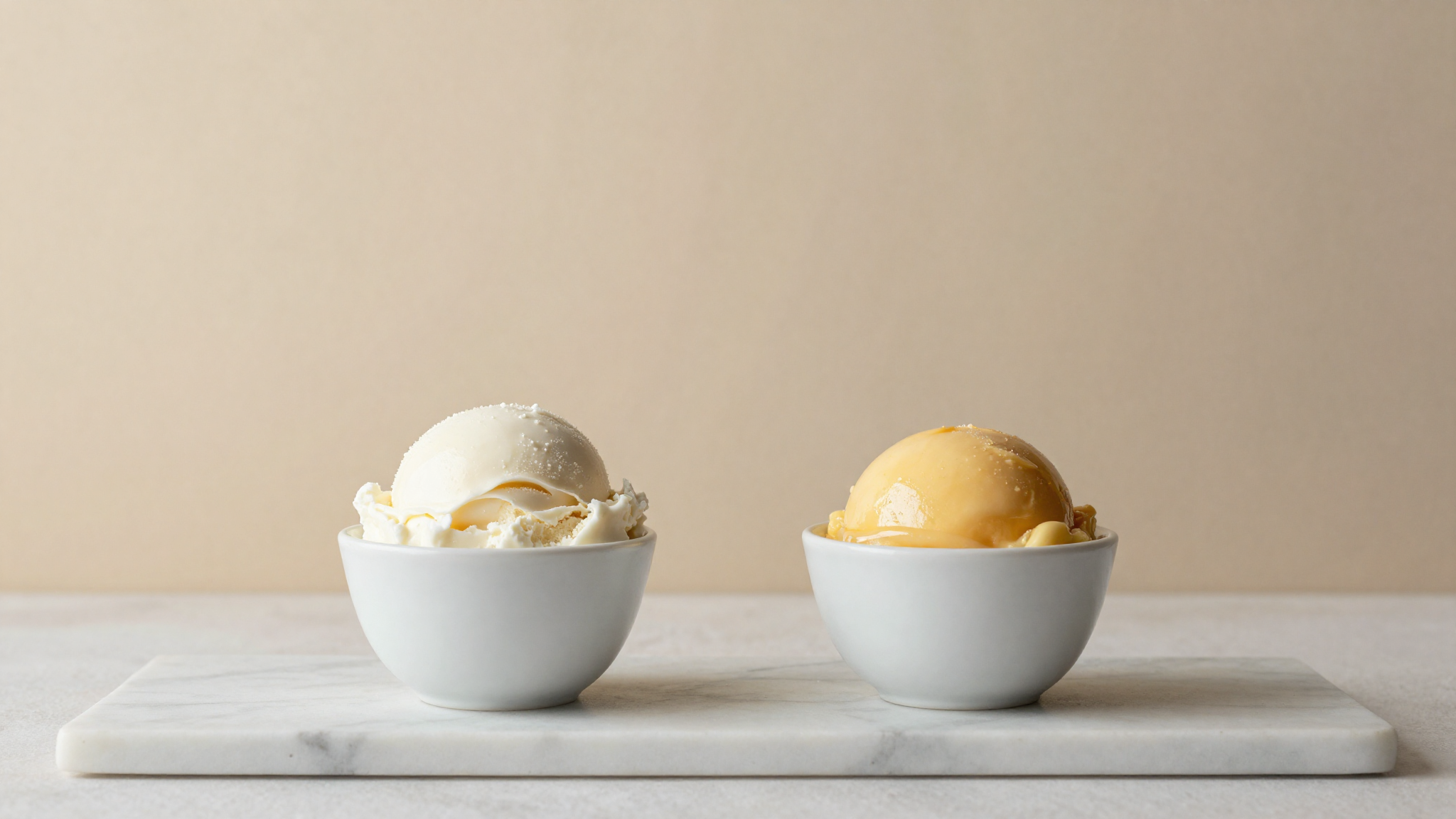 Fior di latte and crema all'uovo gelato side by side in white cups on marble