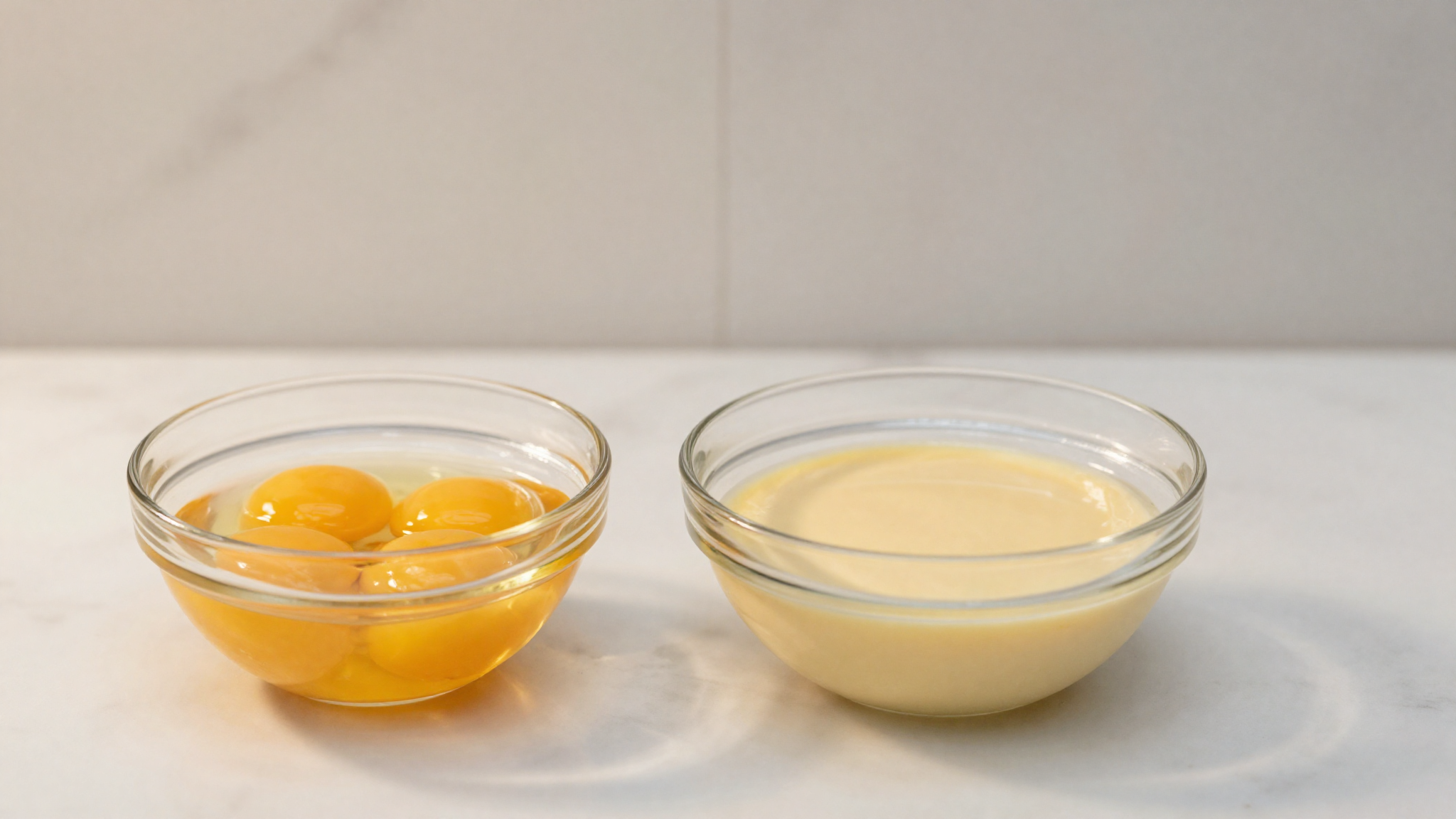Fresh egg yolks in a glass bowl beside a saucepan of pale custard base in an italian lab