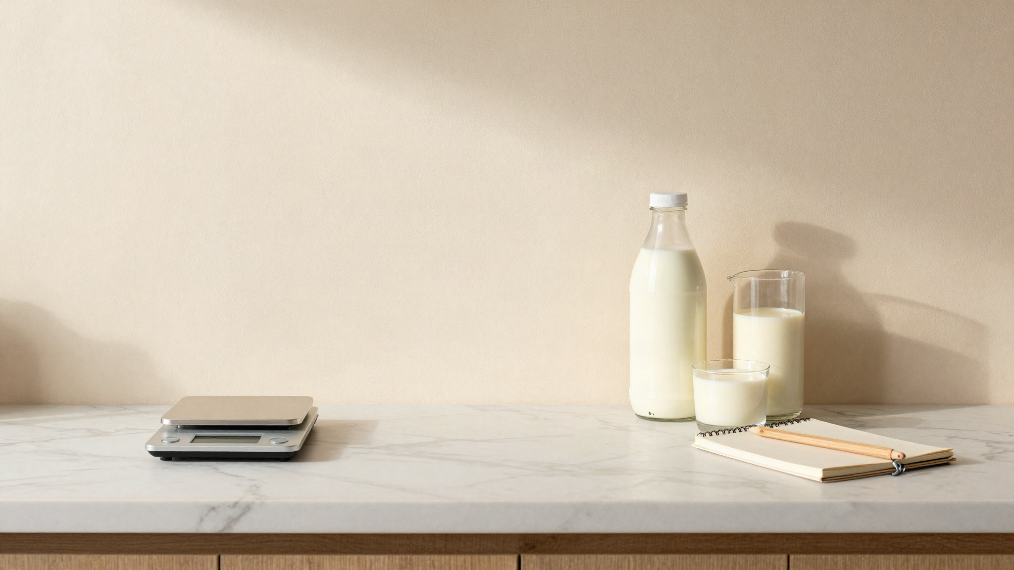 Marble counter seen from above with a small digital scale, a bottle of whole milk, a jug of cream and a notebook